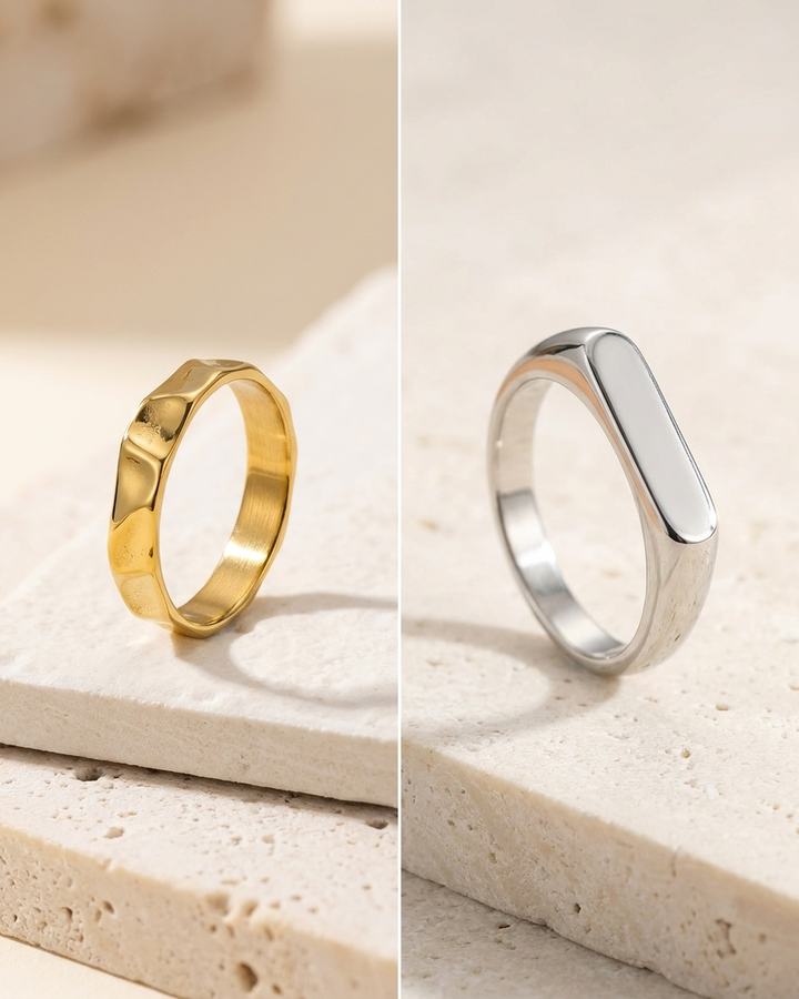 Bagues ROC or et HORIZON argent — packshots