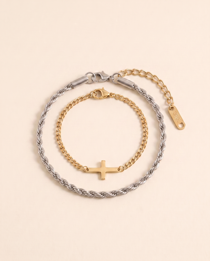 Set croix or + cordage argent — flatlay