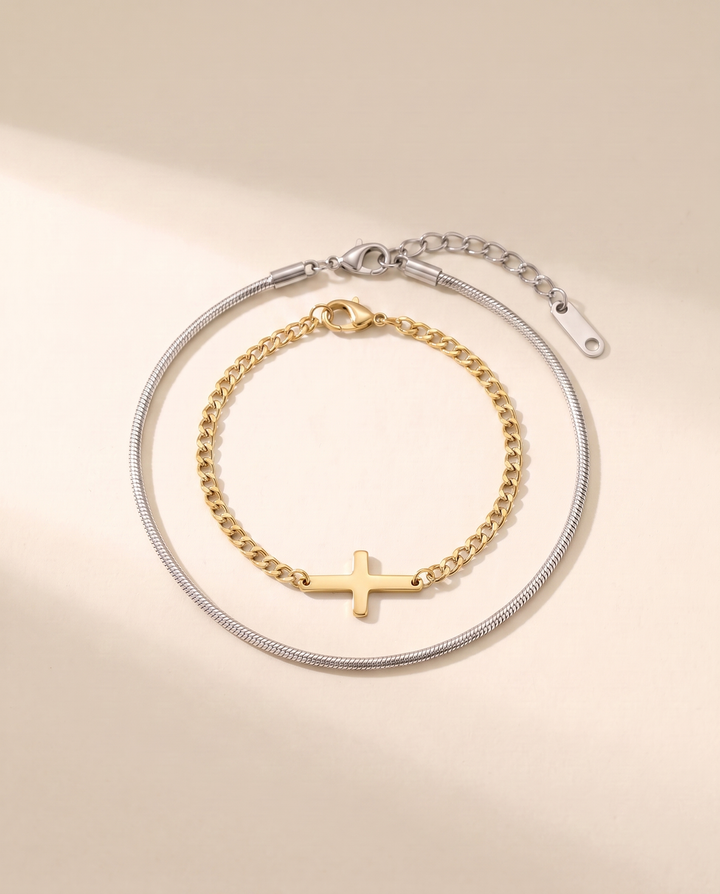 Set croix or + serpentine argent — flatlay