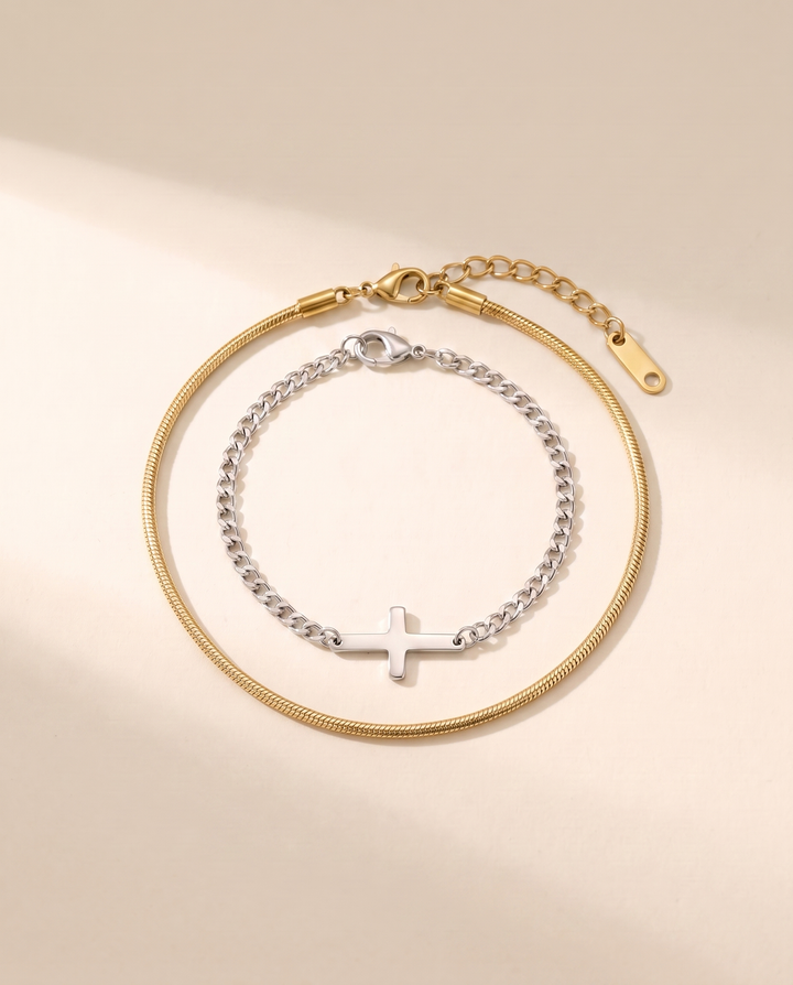 Set croix argent + serpentine or — flatlay