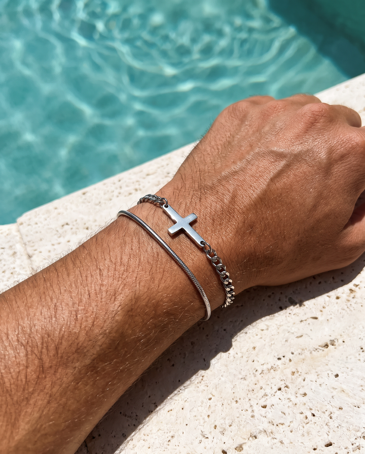 SET CROIX & SERPENTINE Bracelets — porté piscine — BRISANT