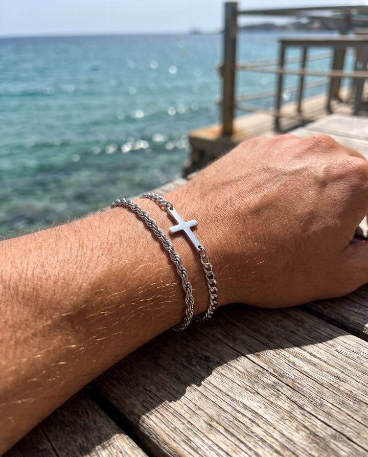 SET CROIX & CORDAGE Bracelets — porté terrasse — BRISANT