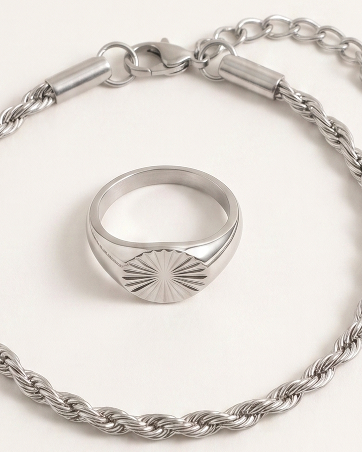 Set bague LEVANT argent et bracelet CORDAGE — flatlay